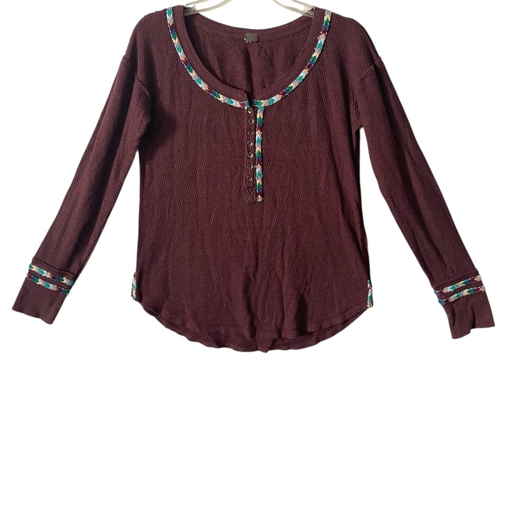 Y2K‎ We The Free Thermal Henley Top Long Sleeve Multicolor Trim Maroon